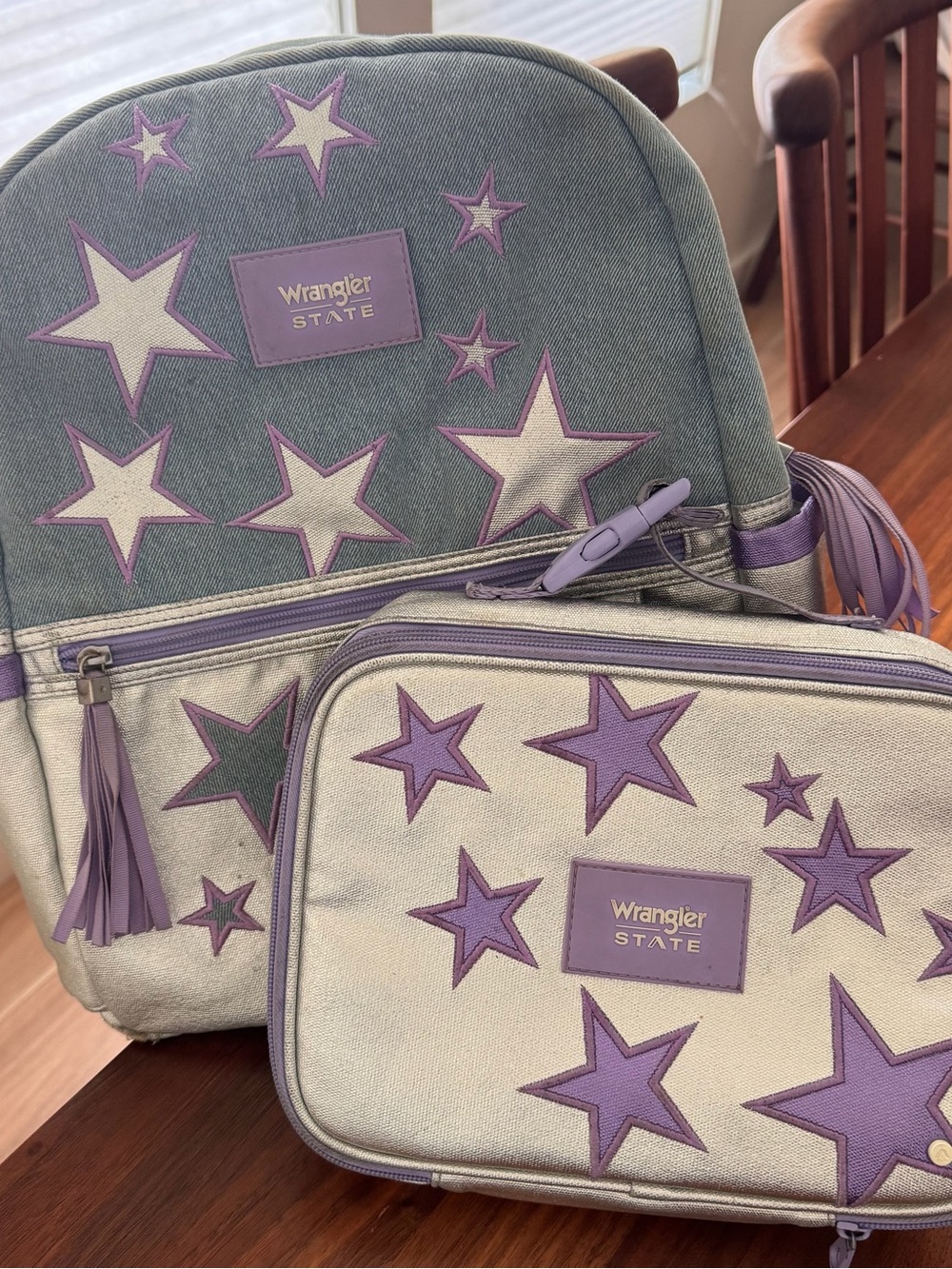 Wrangler Lavender and Light Gray Star Canvas Backpack with Pouch Set